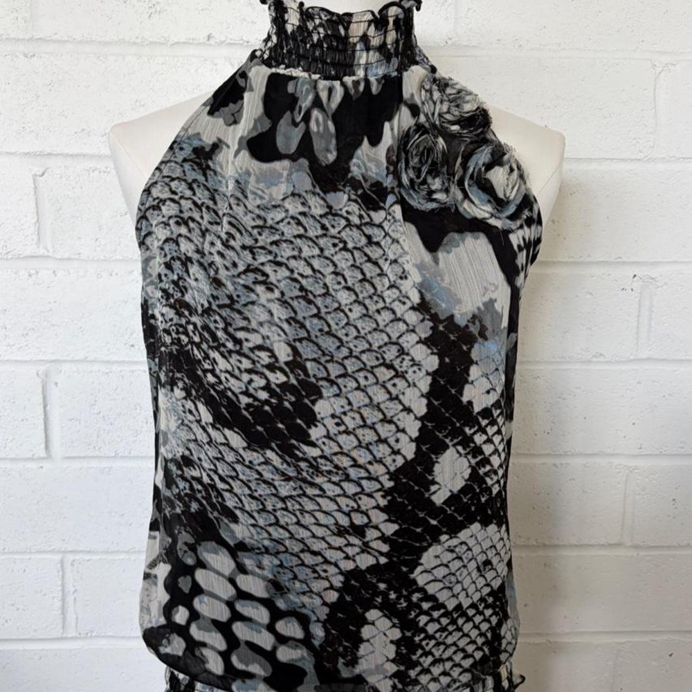 BCX Womens Snakeskin Floral Rosette Smocked Halter Top Blue Black Gray S